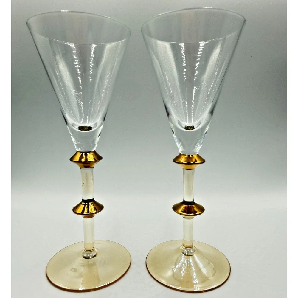Pier 1 Champagne Flutes P1c71 Gold Disc Stem Iridescent Amber Base V Shaped Bowl